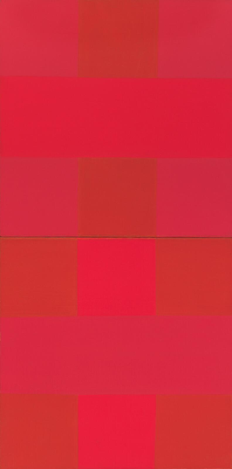 Stacked horizontal and square blocks in bright red and pink creating a striped geometric pattern.