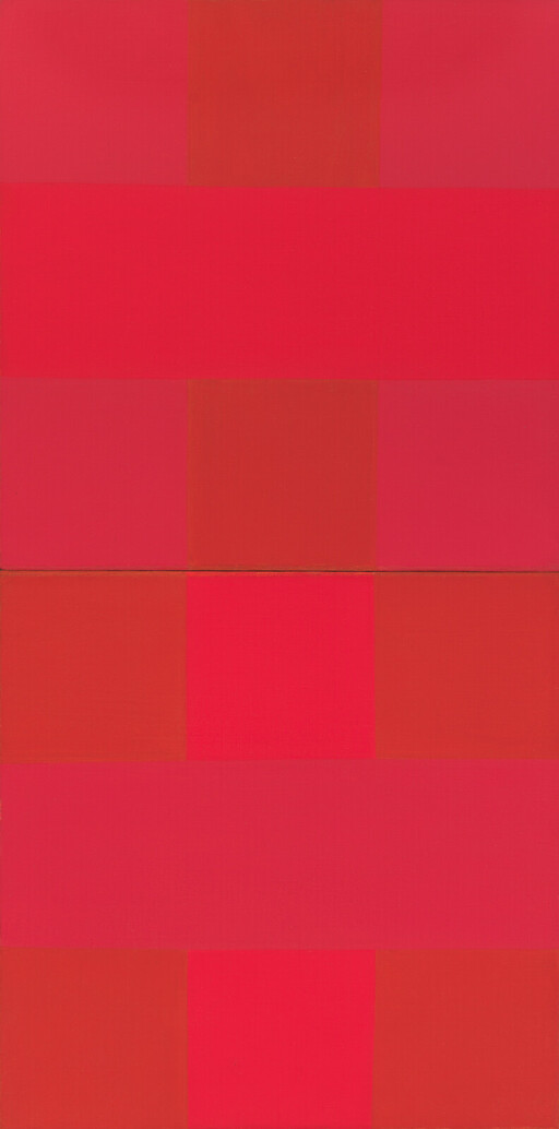 Stacked horizontal and square blocks in bright red and pink creating a striped geometric pattern.
