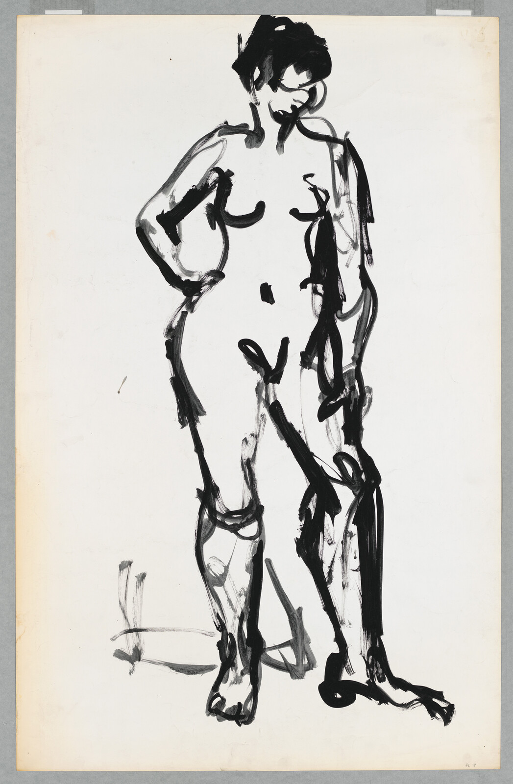 Nude woman standing with one hand on her hip, painted in bold black brush strokes.