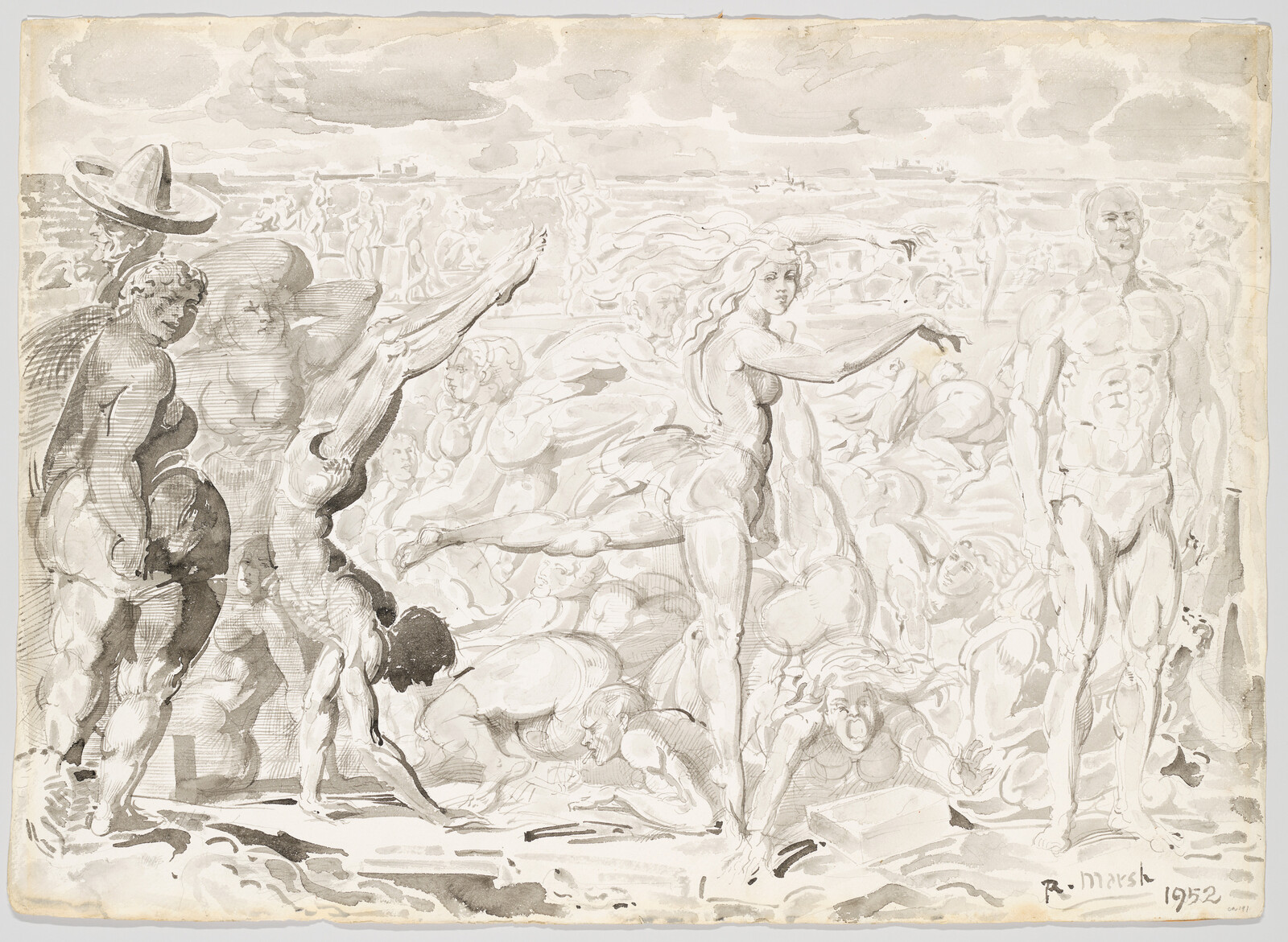 Naked figures in a crowded scene with a woman reaching toward a standing man.