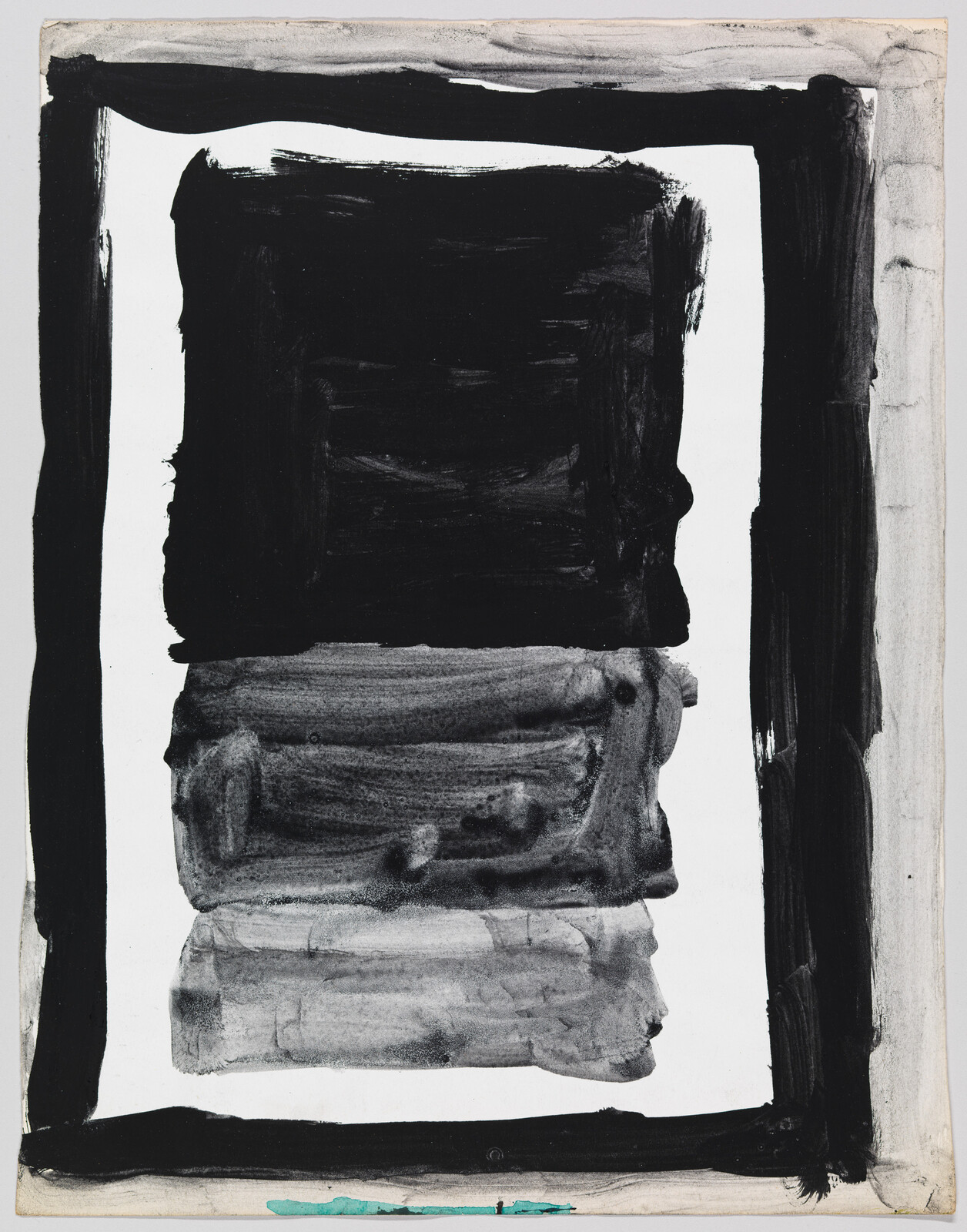 Large abstract painting with stacked black and gray brushstrokes framed by a white border.