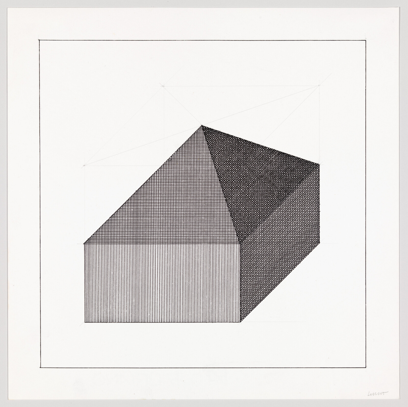 A geometric house-shaped form with three textured faces made from fine lines and dots.
