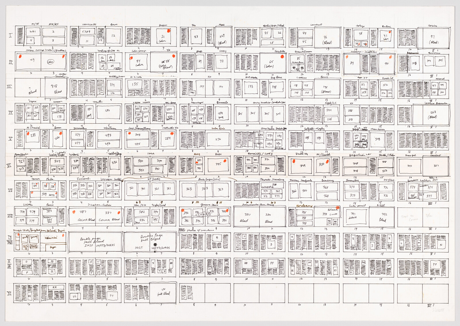 Hand-drawn grid of rectangular boxes with handwritten labels and small orange stickers marking some cells.