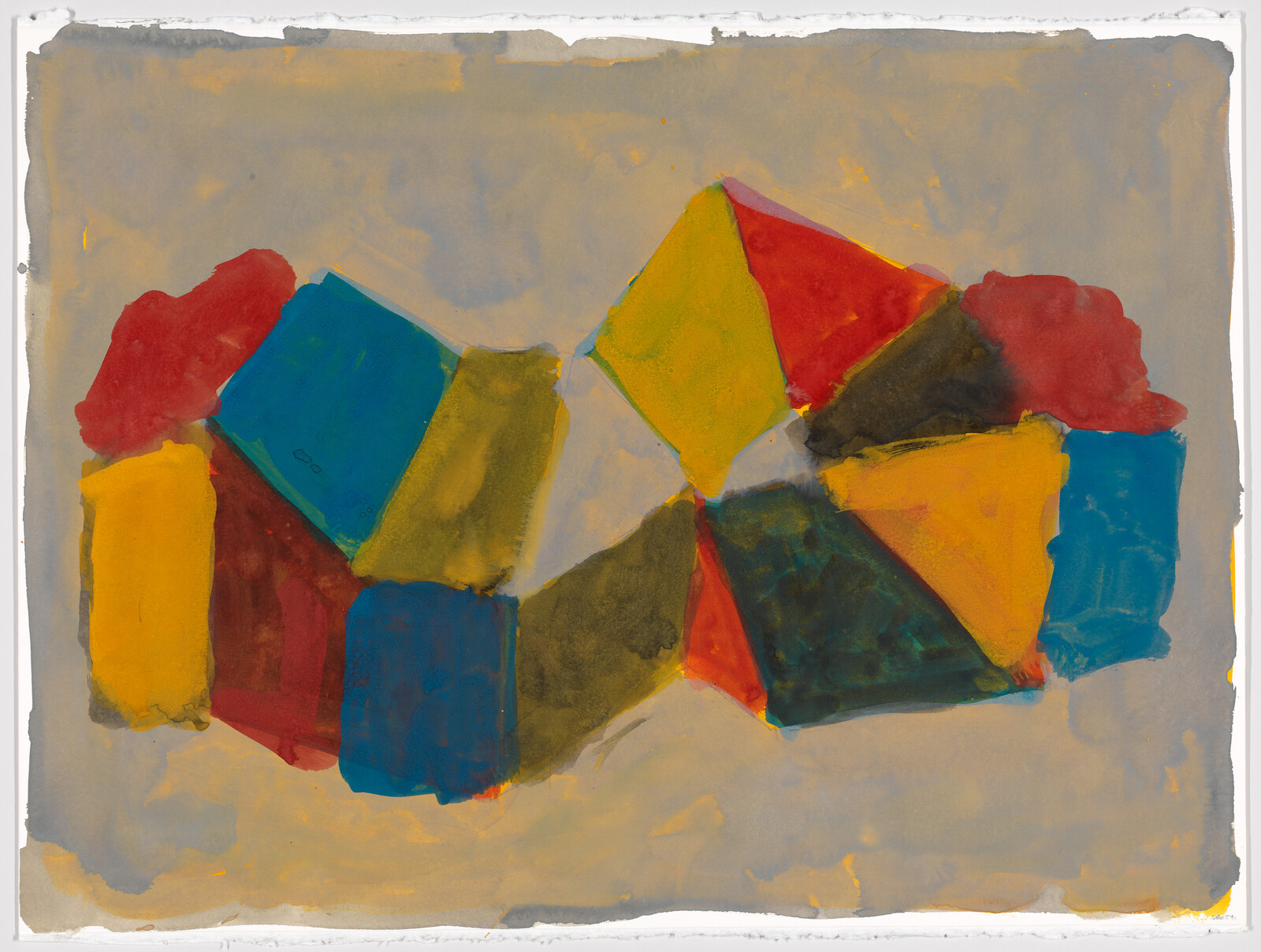Bright overlapping geometric shapes in red, blue, yellow, and green on a gray background.