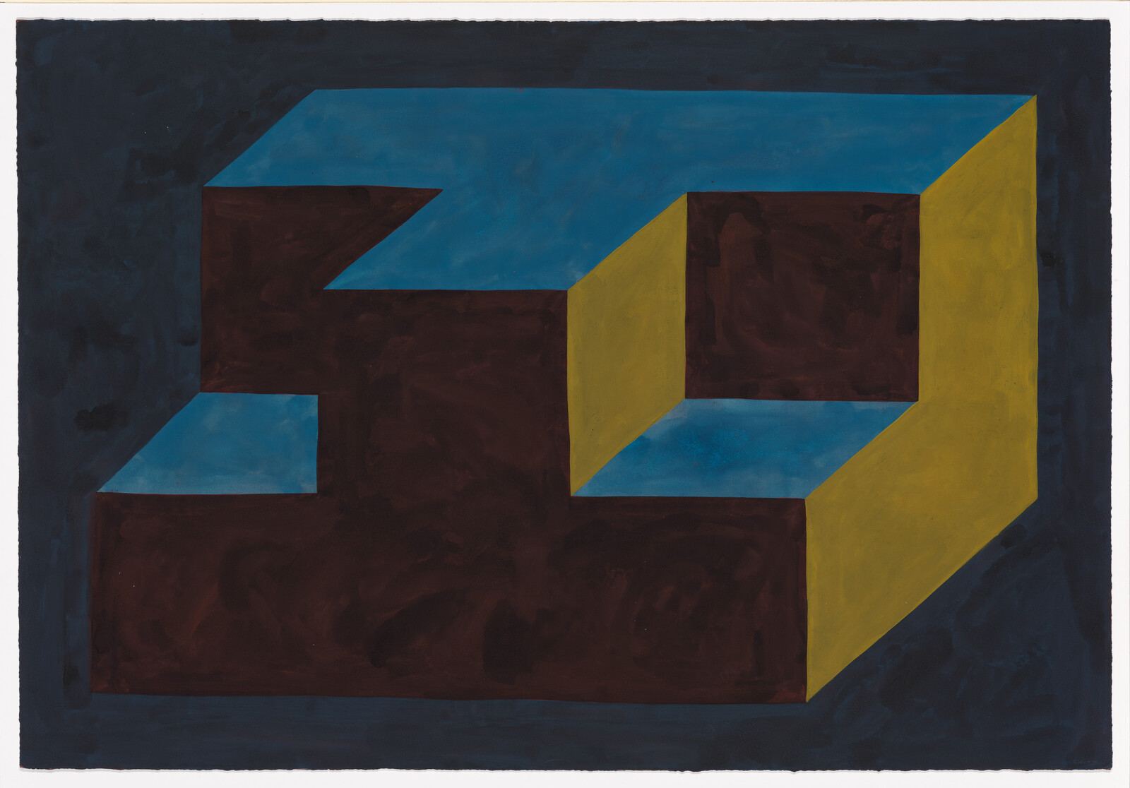Large abstract geometric block with blue top, yellow side, and dark brown faces on dark background.