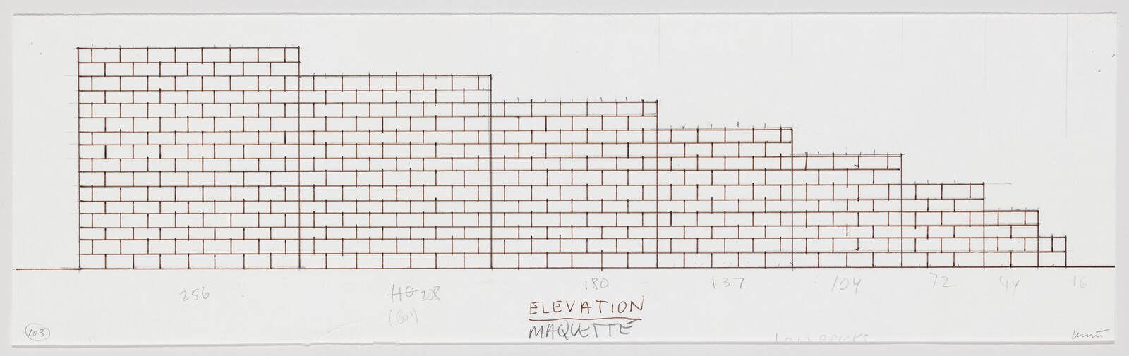 A hand-drawn elevation of a stepped brick wall labeled "Elevation Maquette" with measurements.