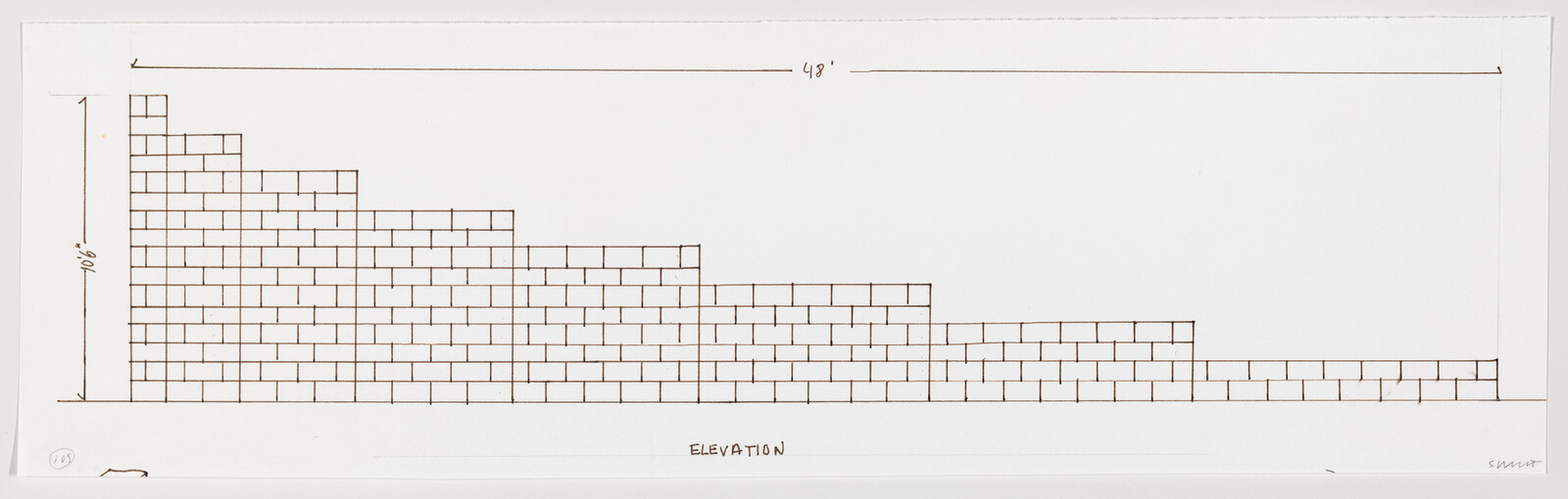Architectural elevation drawing showing a stepped brick wall with dimensions labeled "Elevation.".