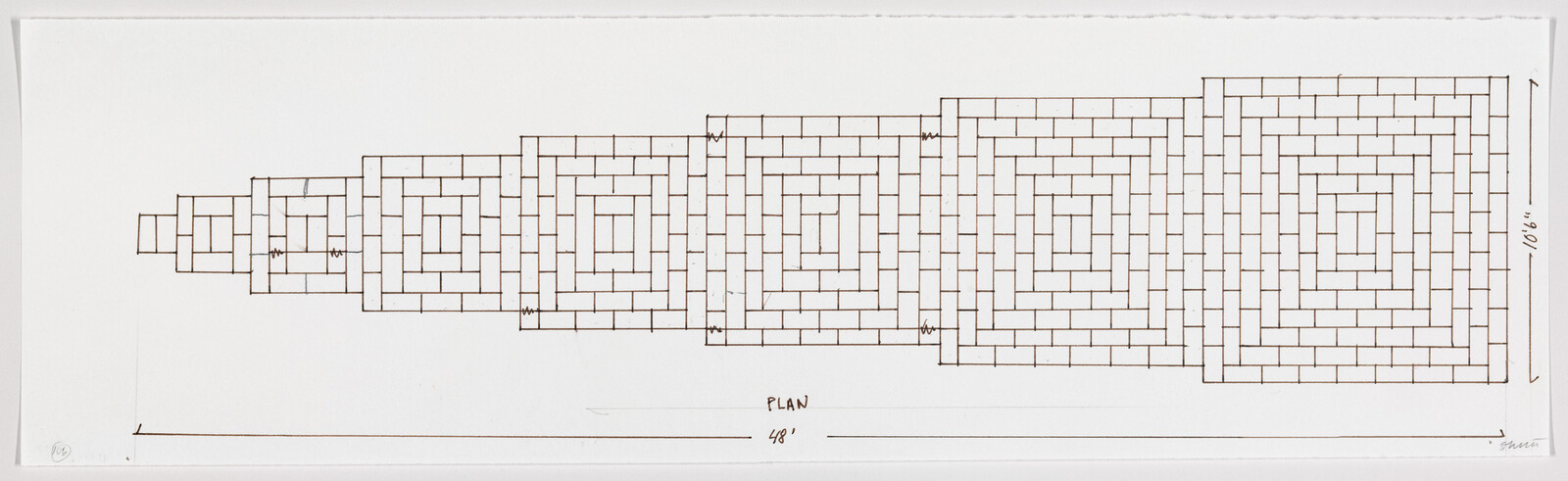 A hand-drawn architectural plan featuring a series of interconnected rectangular and square spaces, resembling a labyrinth or maze, on a white background with scale markings and annotations.