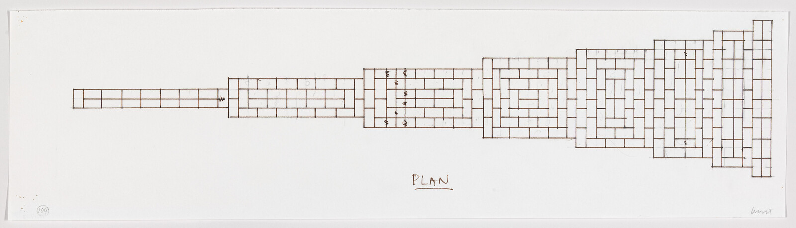 Long architectural plan showing a series of nested rectangular chambers connected by a narrow corridor.