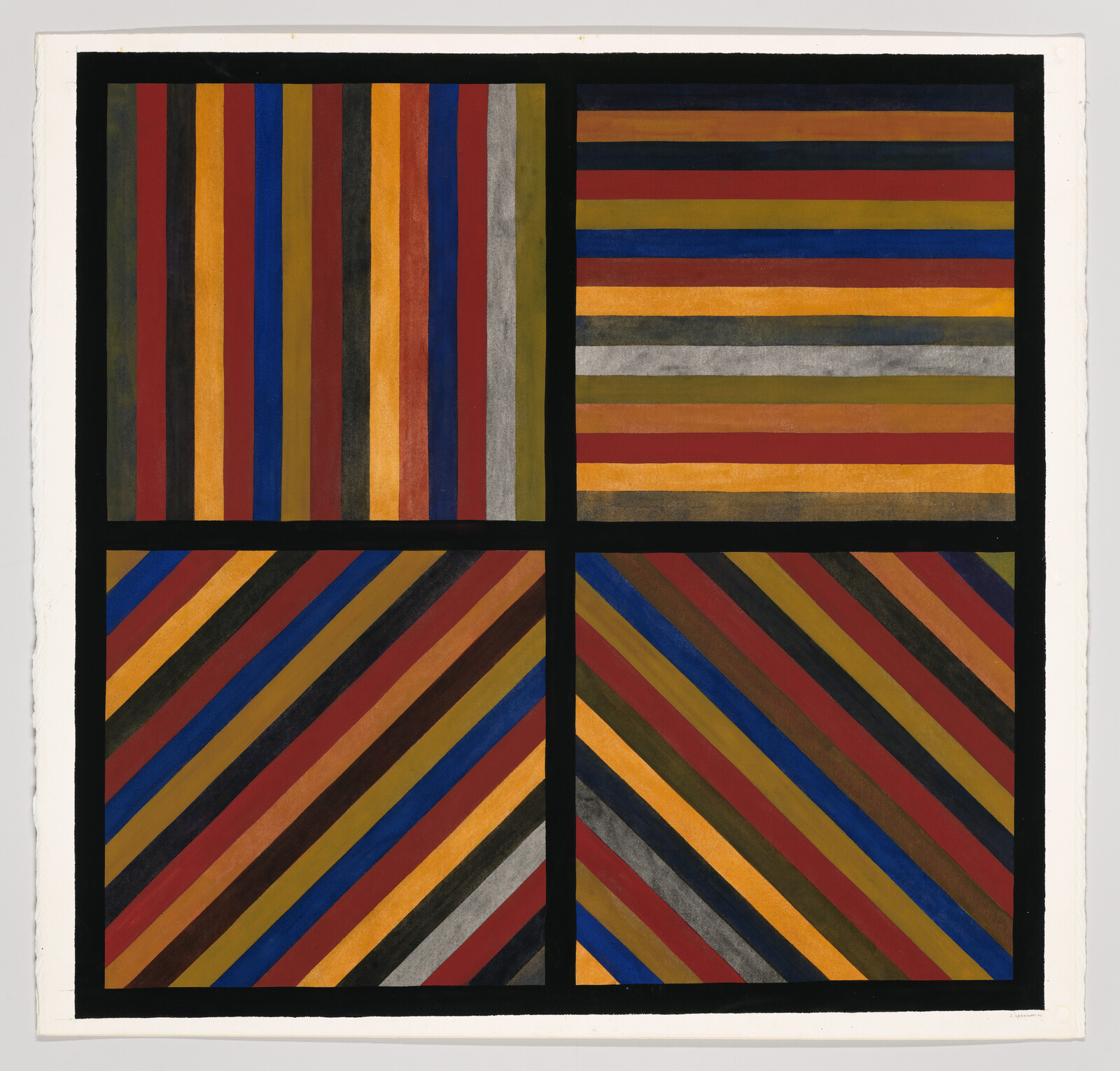 Four-panel abstract painting with vertical, horizontal, and diagonal multicolor stripes separated by black borders.