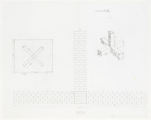 Pencil sketches showing a tall brick wall, horizontal brick base, and crossed beam joint diagrams.