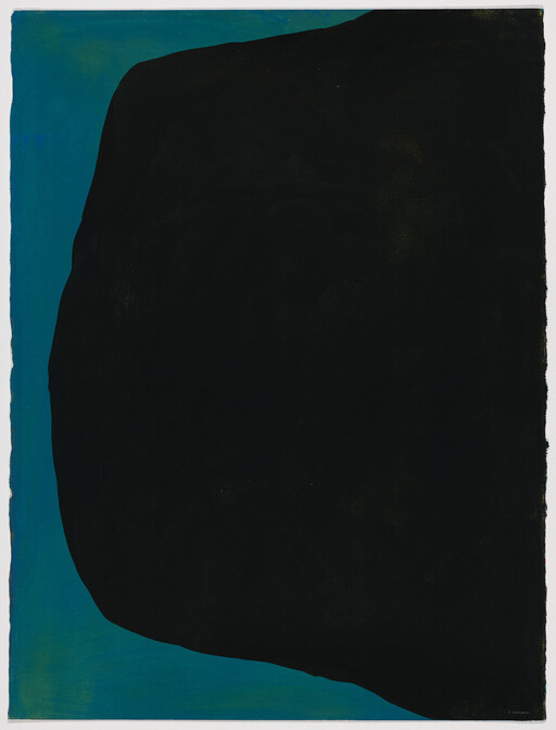 A large irregular black shape covers most of a teal and blue background, leaving a narrow border.