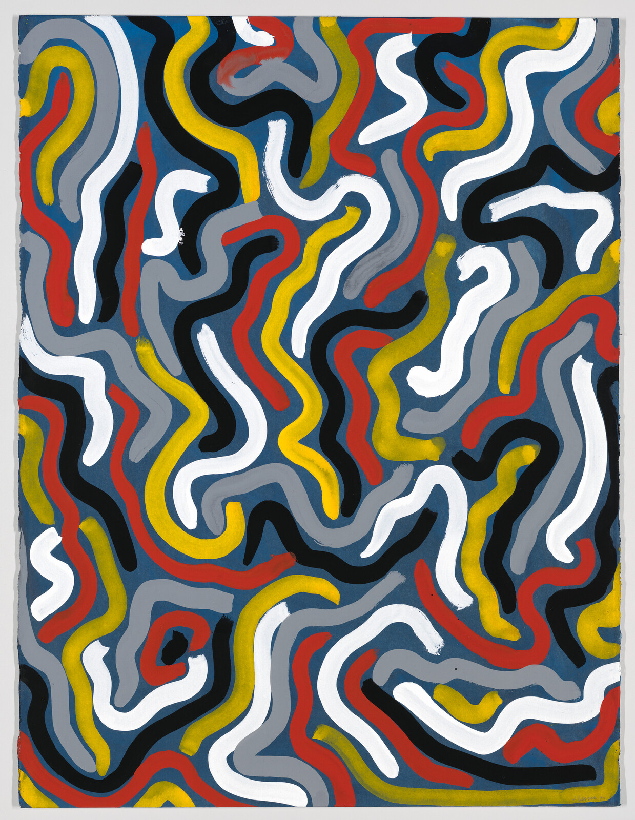 Bold, wavy bands of white, yellow, red, black, and gray weave over a deep blue background.