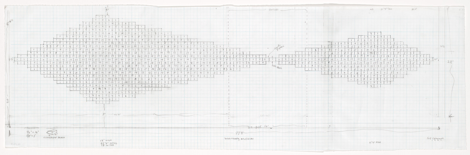 Hand-drawn grid plan showing two diamond-shaped arrangements of numbered blocks connected by a narrow corridor.