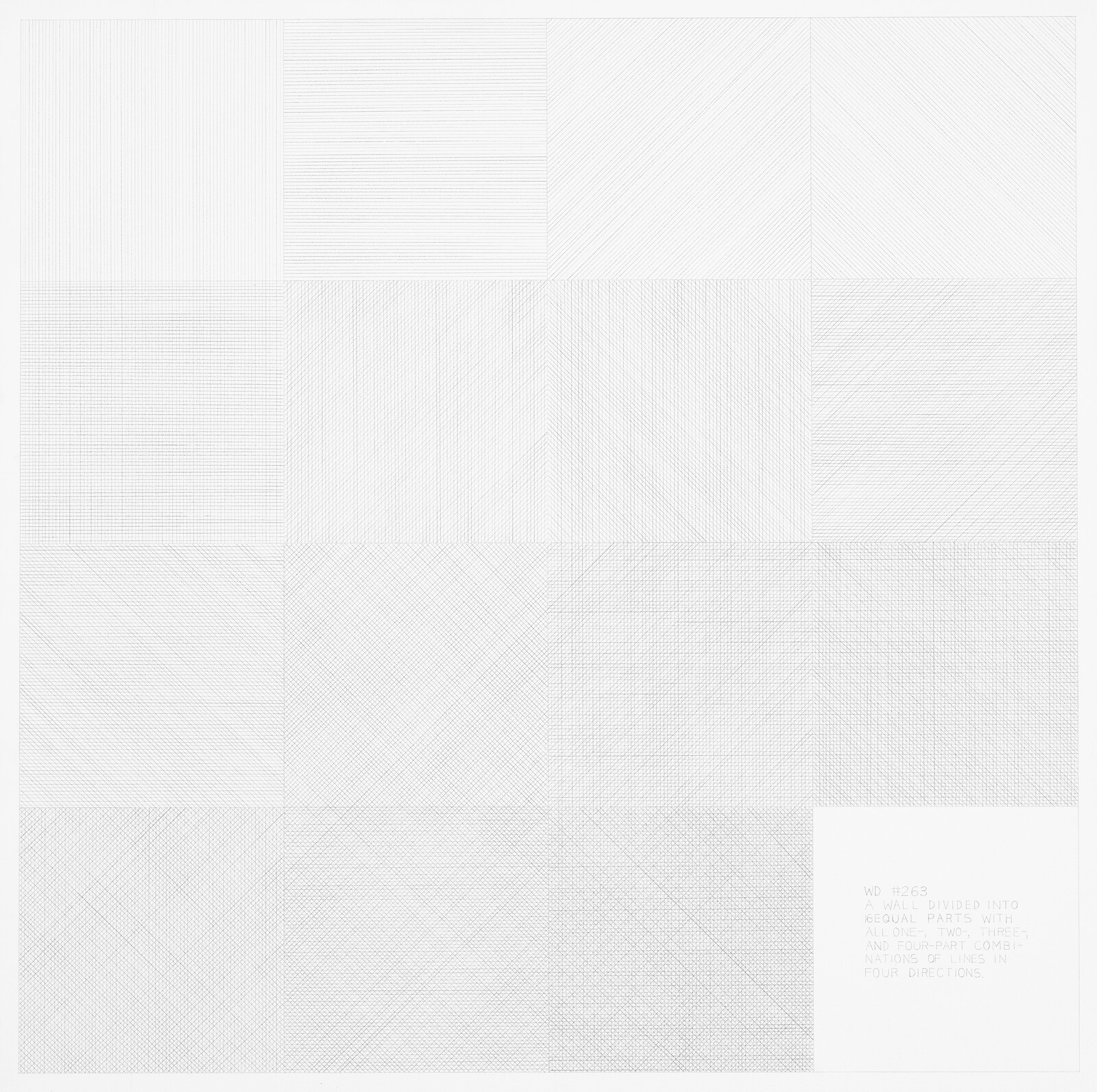 Large grid of sixteen faint squares filled with varied fine-line patterns and small text.