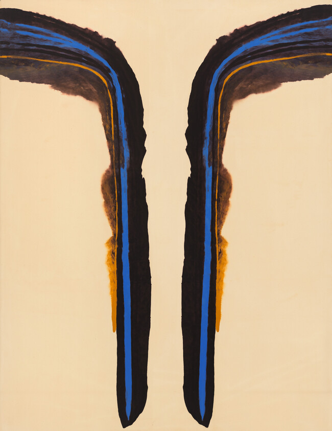 Two tall mirrored black strokes with blue and yellow stripes on a pale beige background.