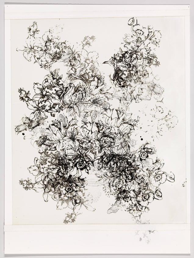 A detailed black and white ink drawing of various flowers and floral patterns with dense clusters and delicate lines on a white background. The artwork is intricate with some areas more heavily shaded than others, creating a sense of depth and texture.