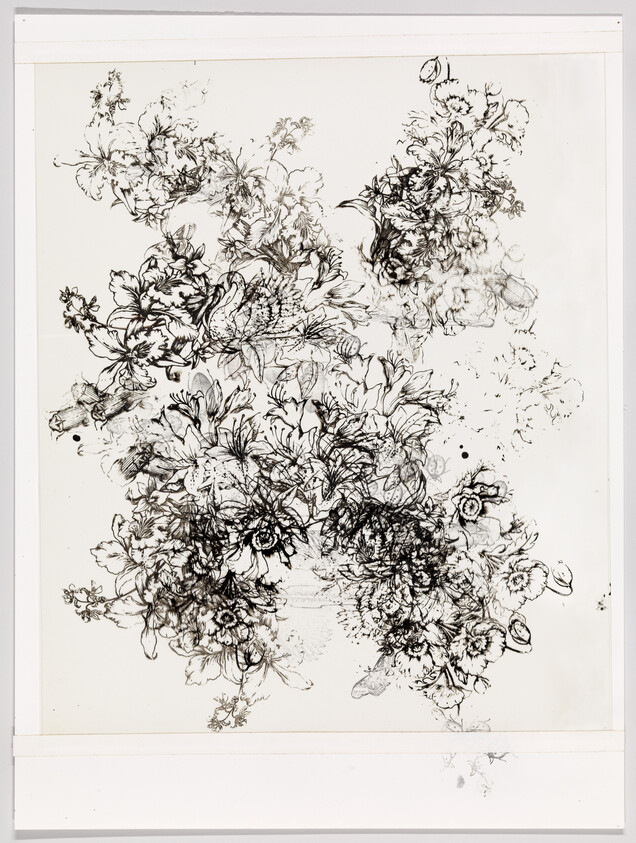 Intricate black ink floral sketch showing dense clusters of lilies and blossoms across a white sheet.