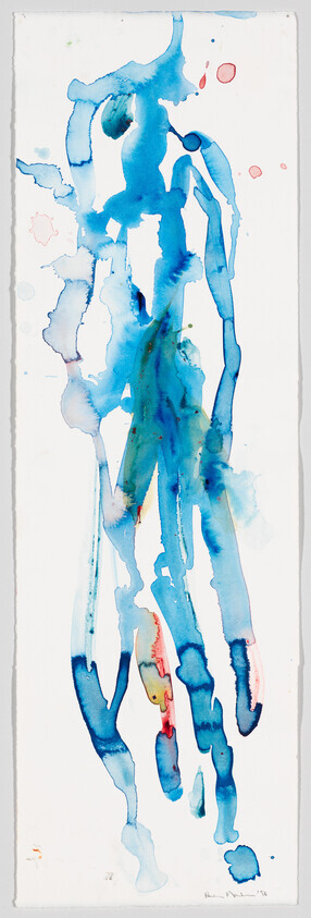 Vertical blue watercolor drips and splashes flowing downward on a narrow white background.
