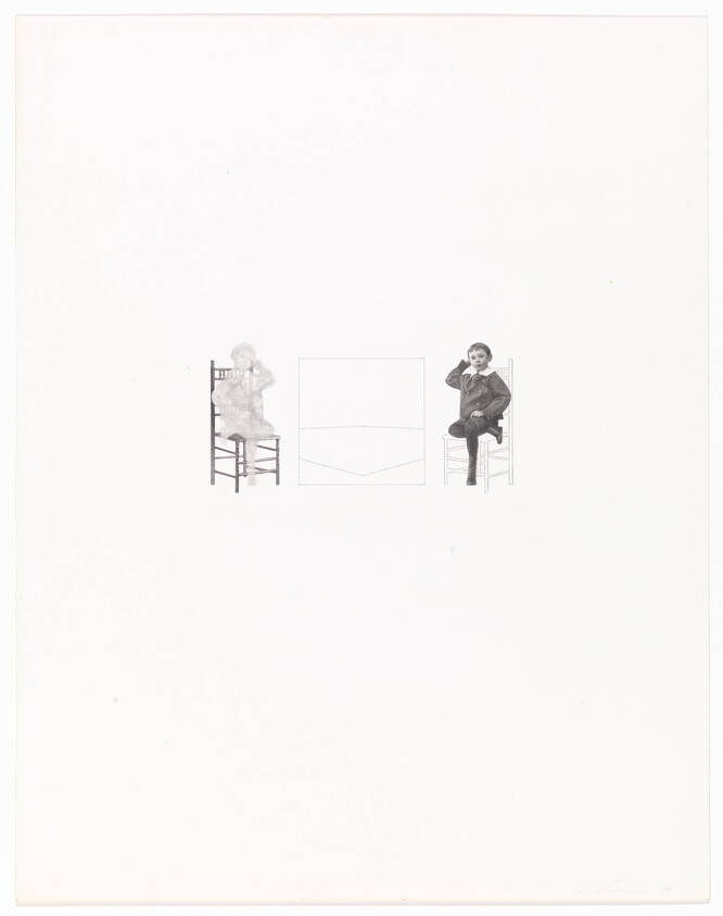 Two children sit on wooden chairs facing forward with a blank square drawn between them.