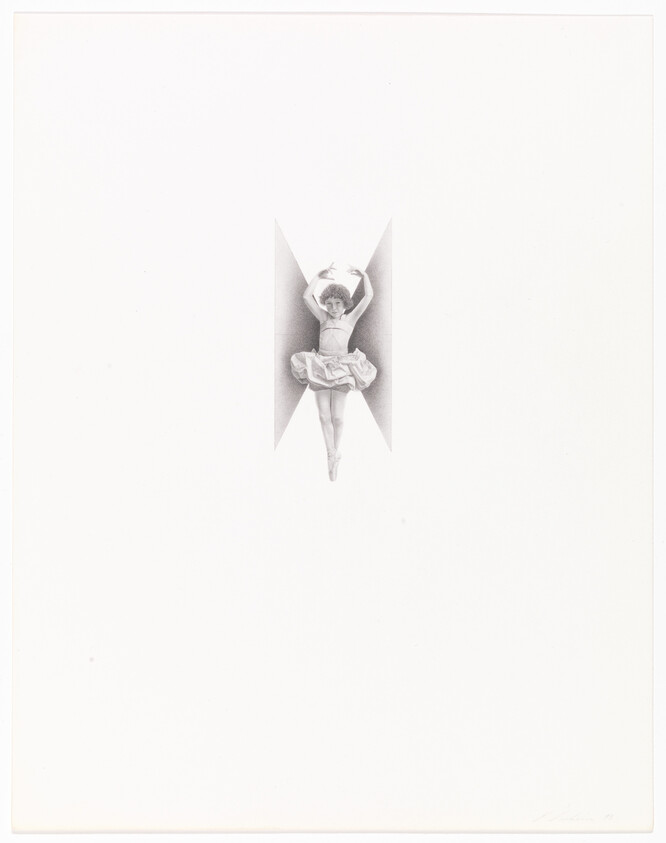 A ballet dancer in a tutu stands en pointe inside a narrow triangular spotlight.