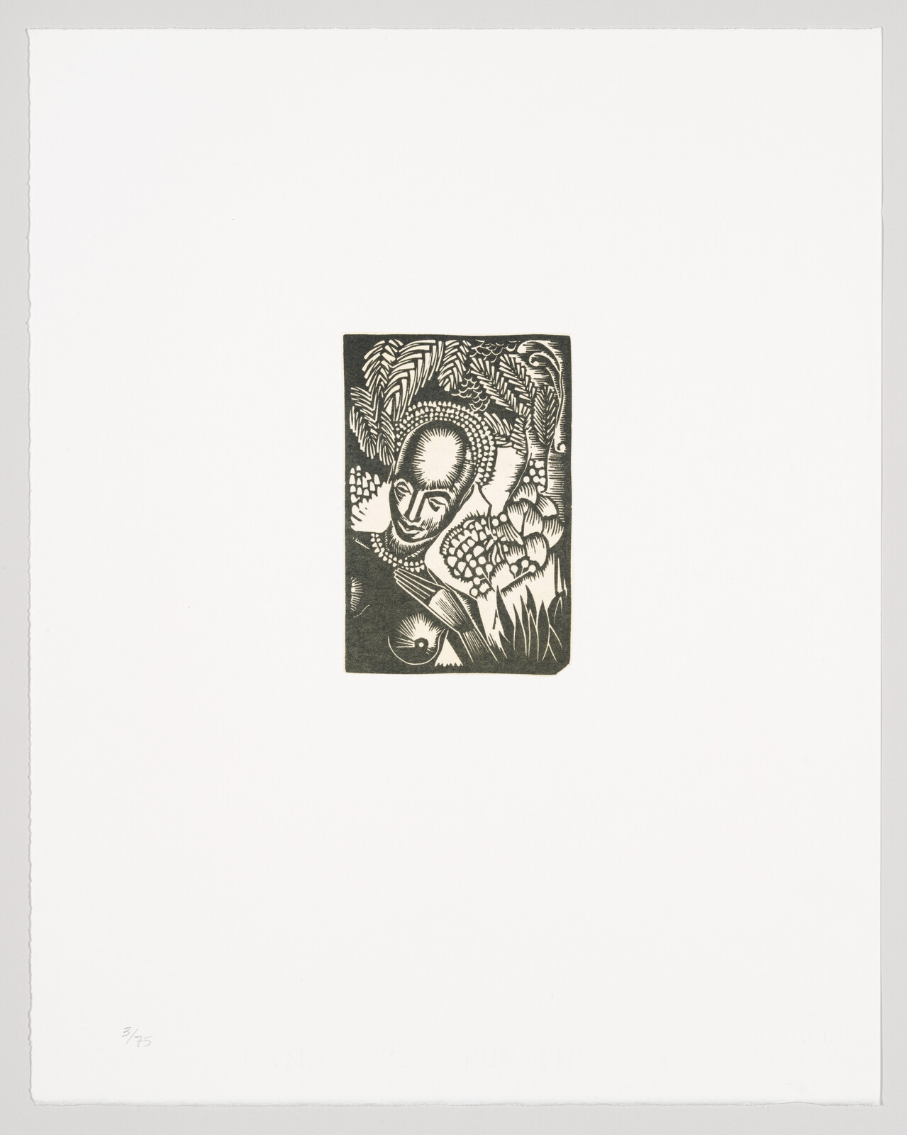 A small black-and-white woodcut shows a stylized person surrounded by dense leaves and fruit.