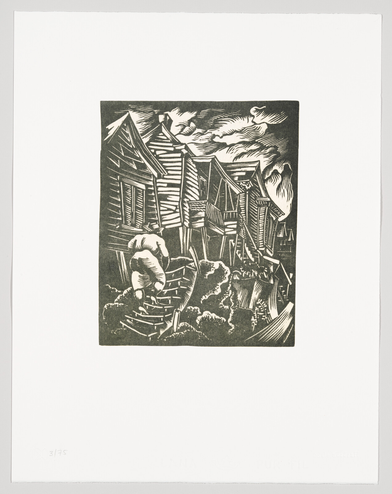 A person climbs steep wooden stairs past raised houses on stilts under dramatic clouds.