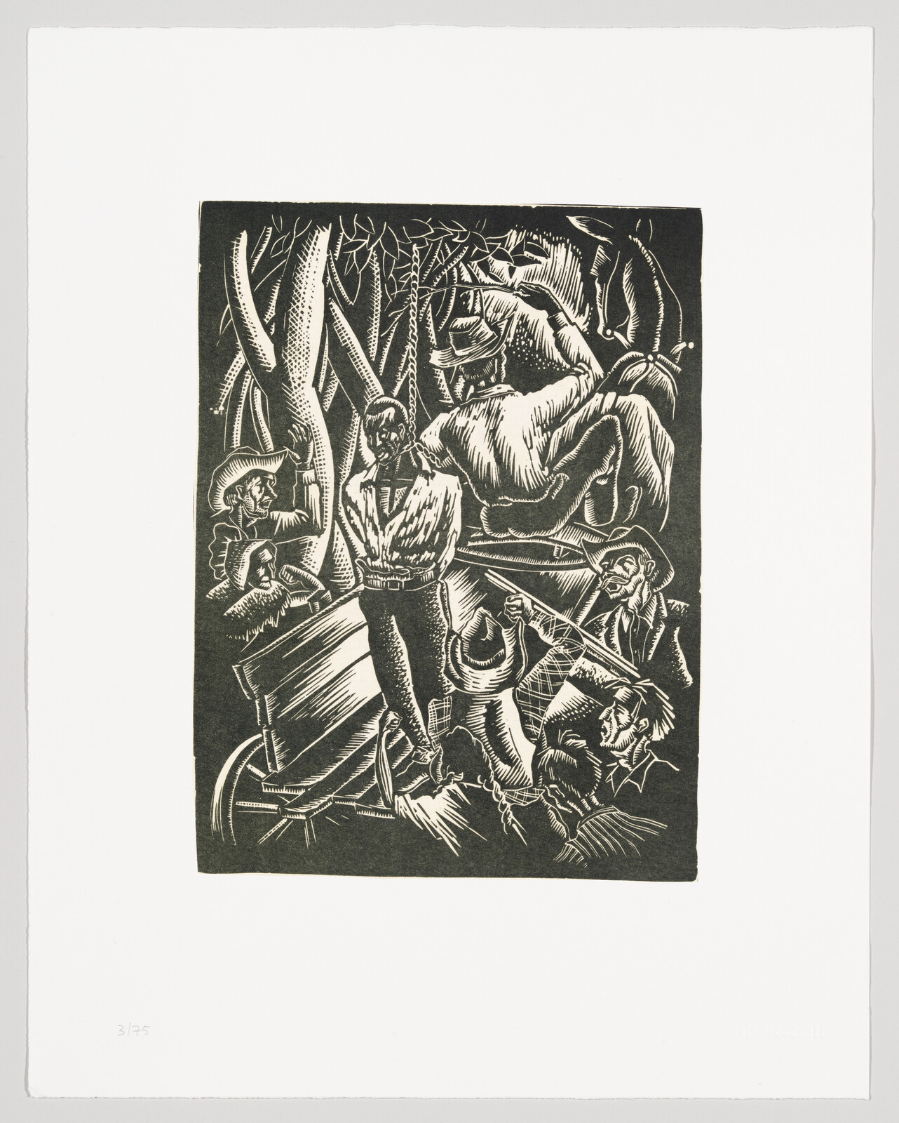 A group of people in a forest scene, with one person tied to a tree.