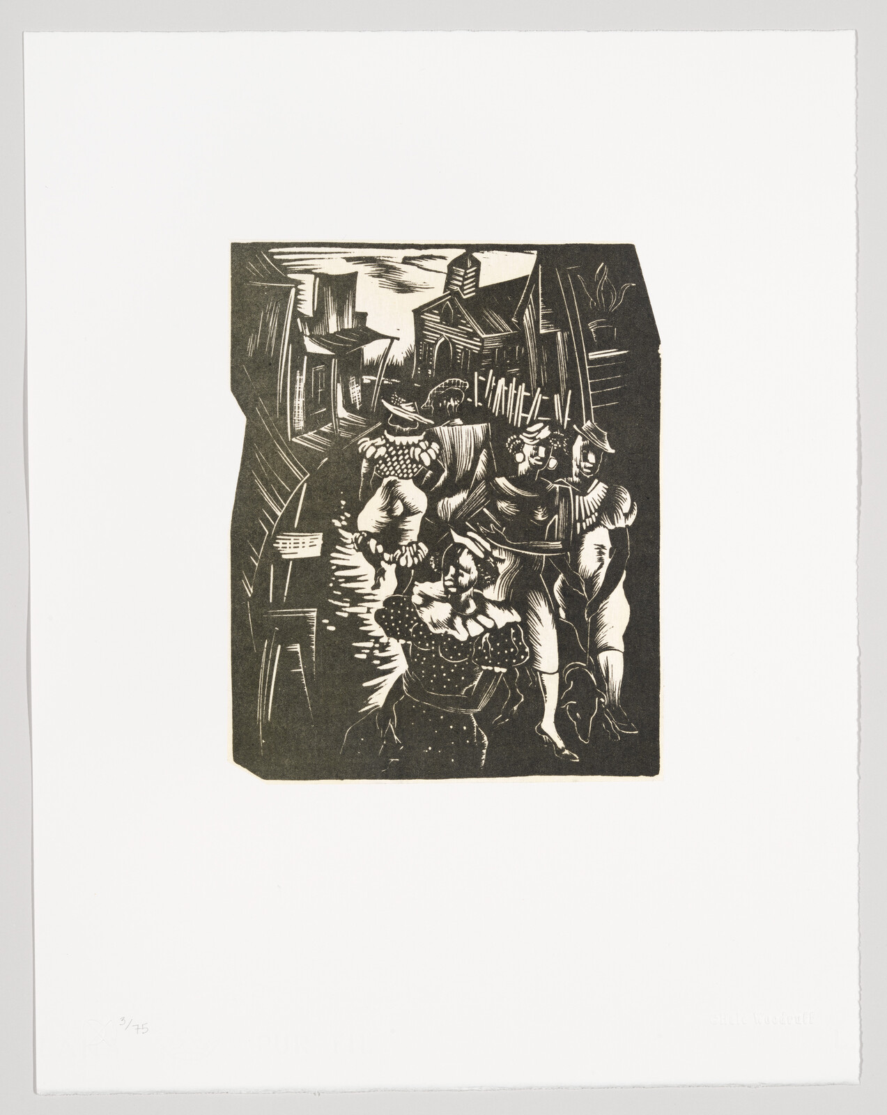 Woodcut-style print shows people walking through a narrow, crowded street between buildings.