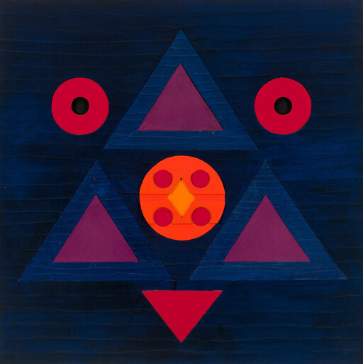 Dark blue canvas with three large triangular shapes surrounding a central orange circle with four magenta dots.