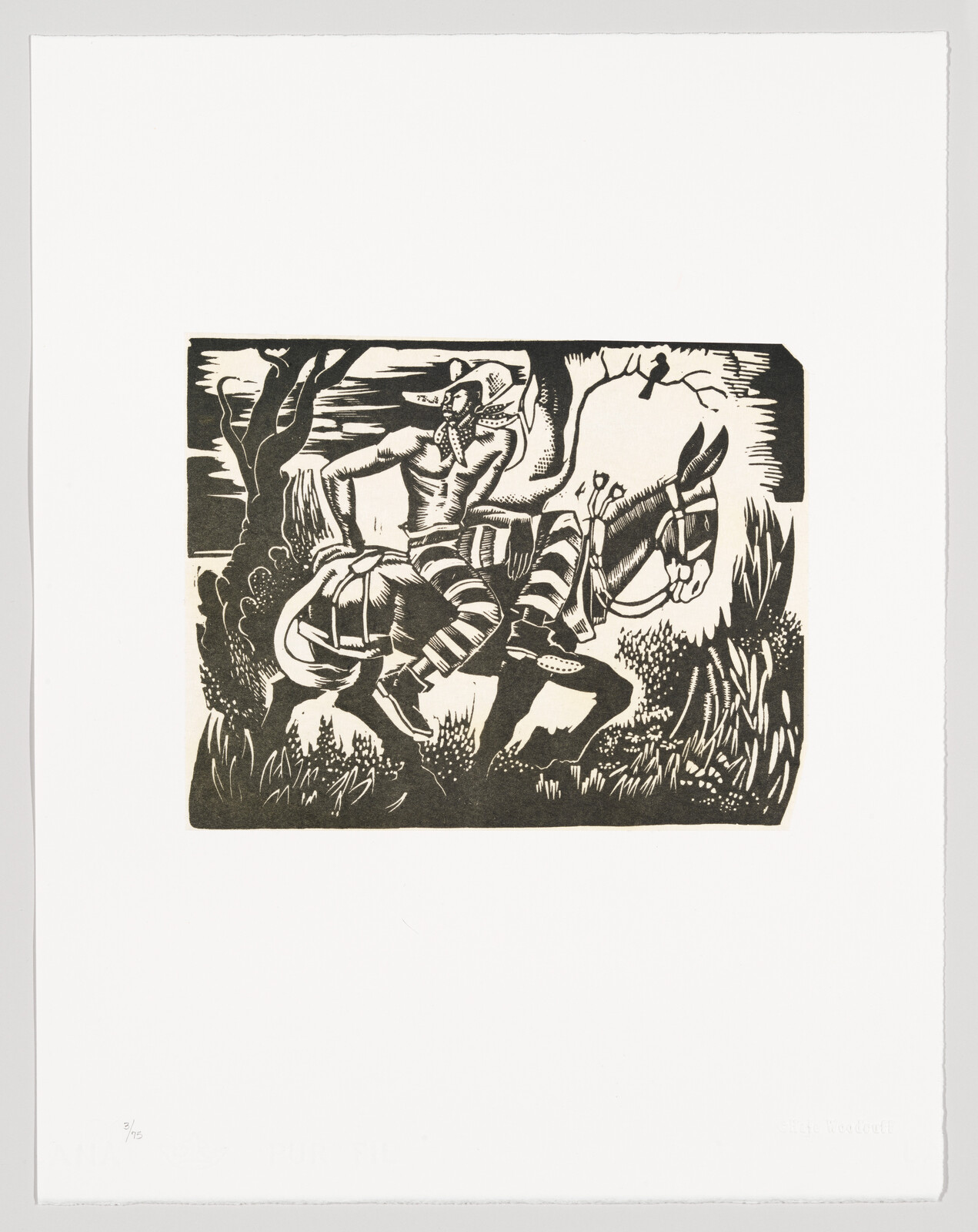 A man wearing a hat rides a loaded donkey through a grassy landscape under trees.