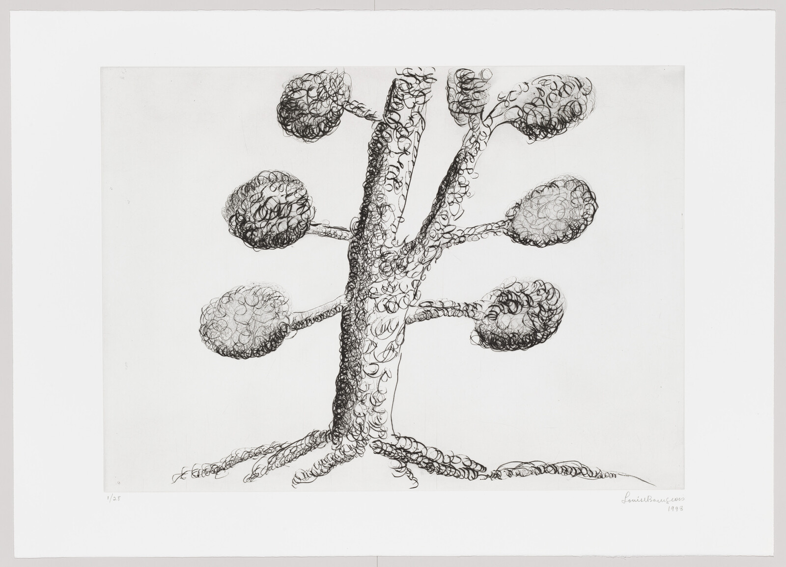A stylized tree drawn with dense looping scribbles forming trunk, round foliage, and exposed roots.