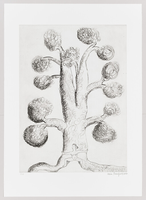 A large fanciful tree with round foliage and a nude figure embracing its trunk at the base.