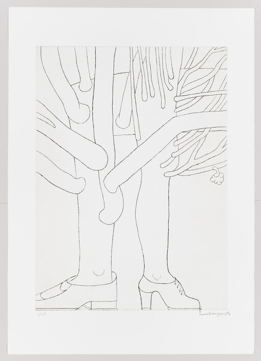 Two legs wearing heeled shoes surrounded by long, rounded abstract forms.