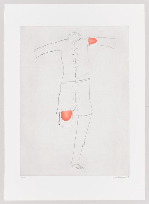 A simple line drawing of a coat and one leg with bright red elbow and thigh patches.