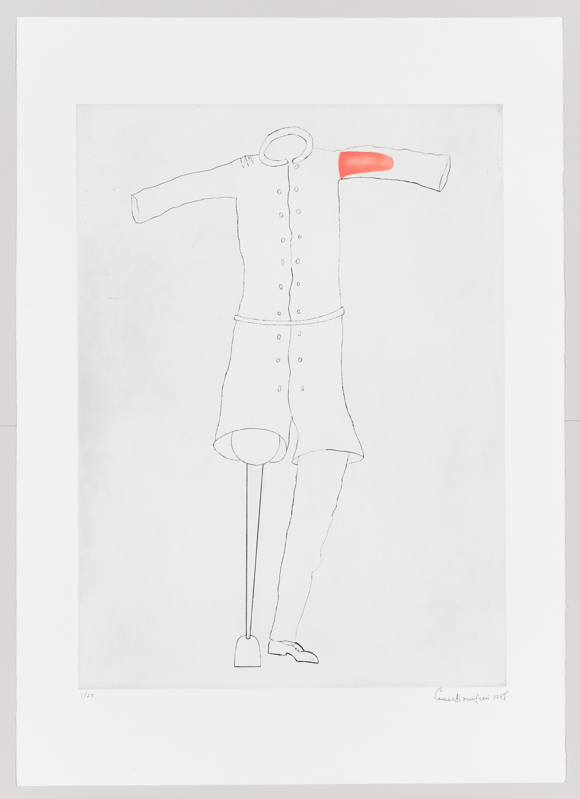 A minimalist line drawing of a headless figure wearing a buttoned-up coat and pants, with one red-colored patch on the right shoulder. The figure's arms are outstretched, and it stands on one leg, while the other leg is drawn as a simple line without detail. The artwork is signed and dated at the bottom right.