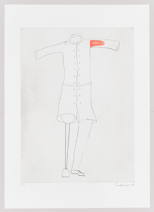 A simple line drawing of a coat on a mannequin with a prosthetic leg and red sleeve patch.
