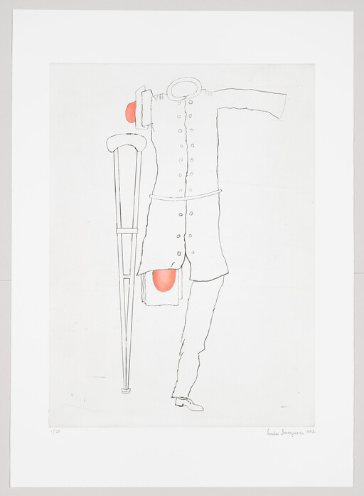 Sketch of a person with one crutch and a missing left leg, red patches at shoulder and thigh.