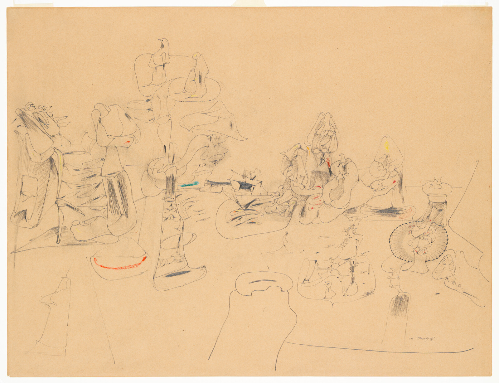 Delicate pencil drawing of abstract organic shapes with faint red and blue accents on tan paper.