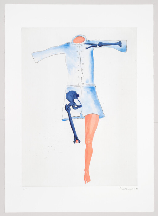 A blue dress reveals navy skeletal bones and a single pink human leg extending downward.