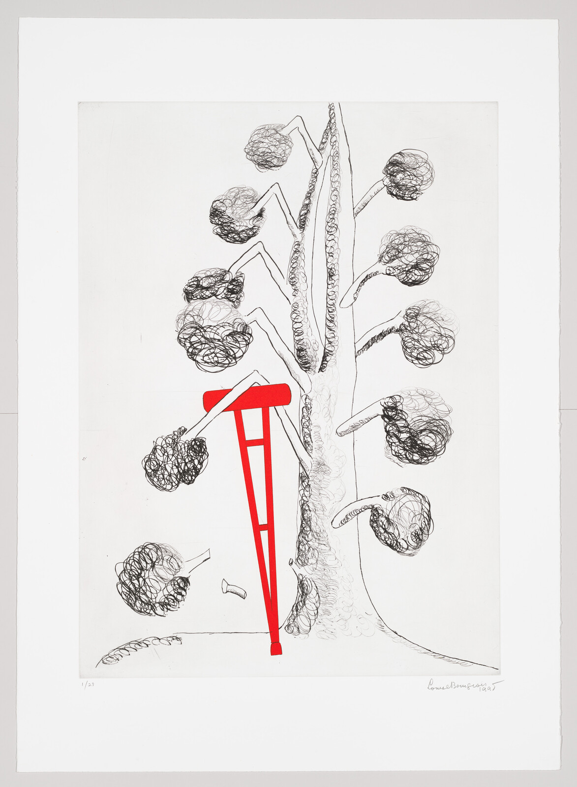 A red crutch leans against a tall scribbled tree with round, tangled foliage.