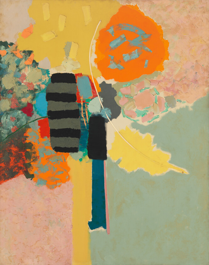 Bright abstract composition with a large orange circle, striped vertical forms, and textured color blocks.