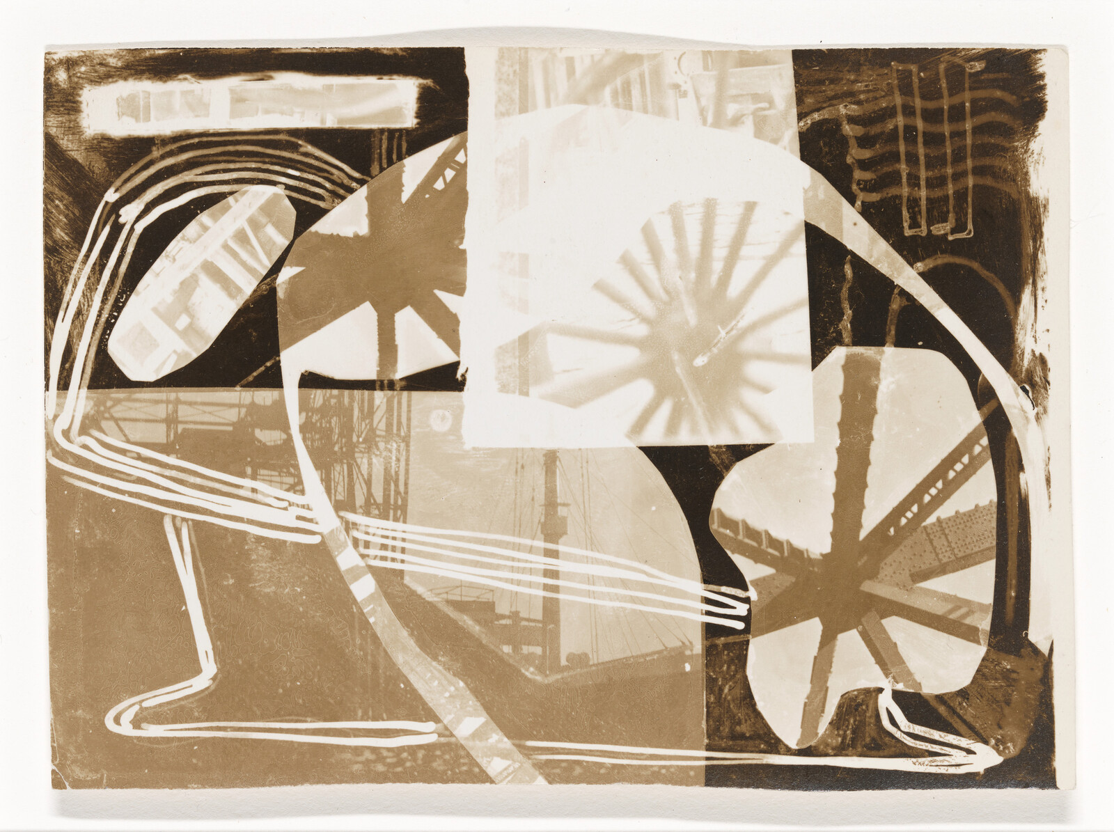 Large abstract sepia collage showing overlapping wheel shapes, curved lines, and industrial structures.