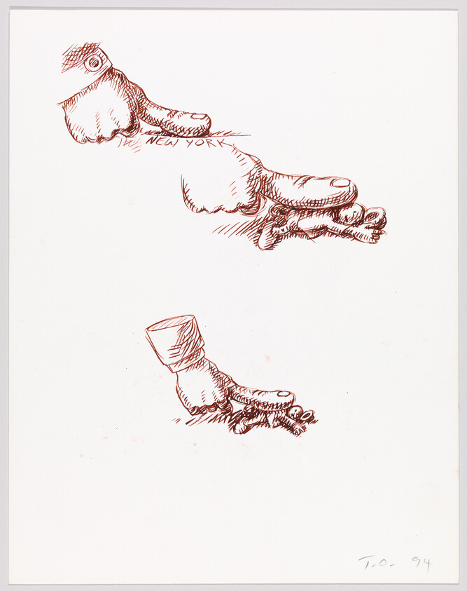 Three large pointing hands press down on tiny crawling figures in pen sketches.