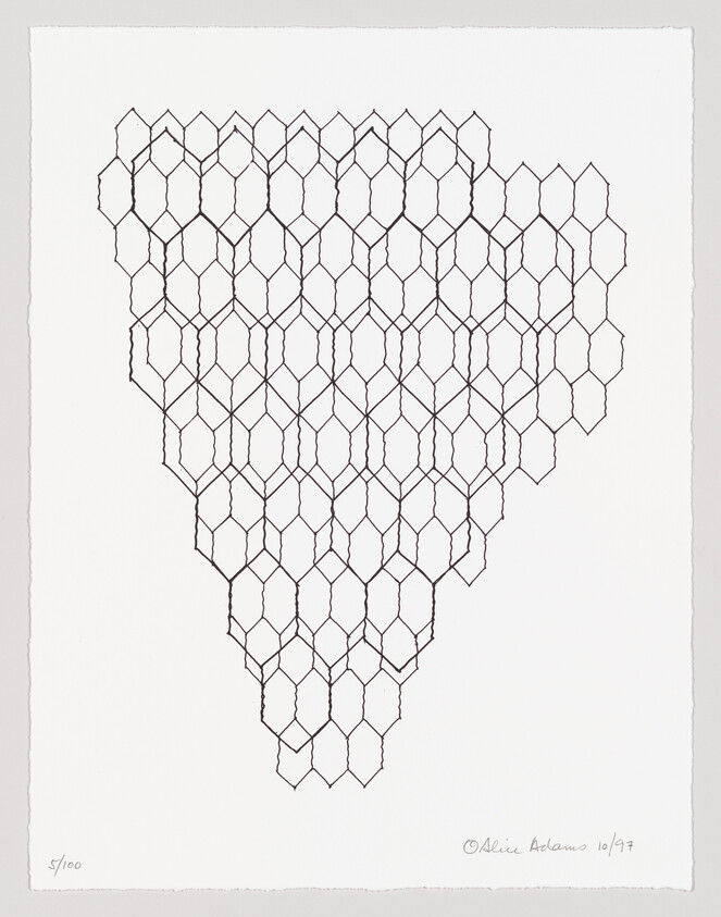A hand-drawn honeycomb pattern of hexagons forming an inverted triangular shape on white paper.