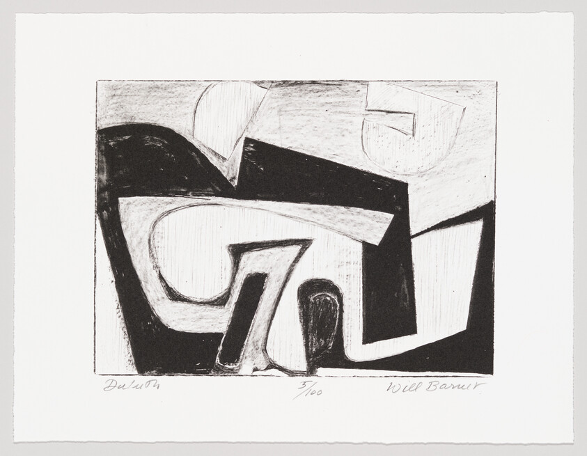 A black and white abstract print featuring bold, interlocking shapes and forms. The composition is centered on the paper with a signature in the bottom left corner and a name in the bottom right corner. The print is numbered out of a series, as indicated in the center beneath the image.