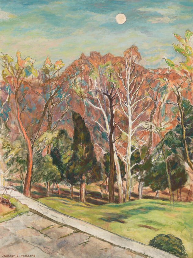 Tall bare and evergreen trees stand in a sunlit park with red mountains and a moon above.