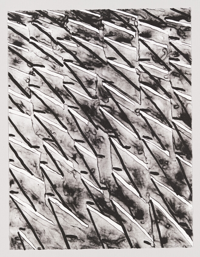 A monochromatic artwork featuring an abstract pattern of jagged, overlapping lines and shapes that resemble shards of glass or ice, with varying tones of black and gray creating depth and texture.