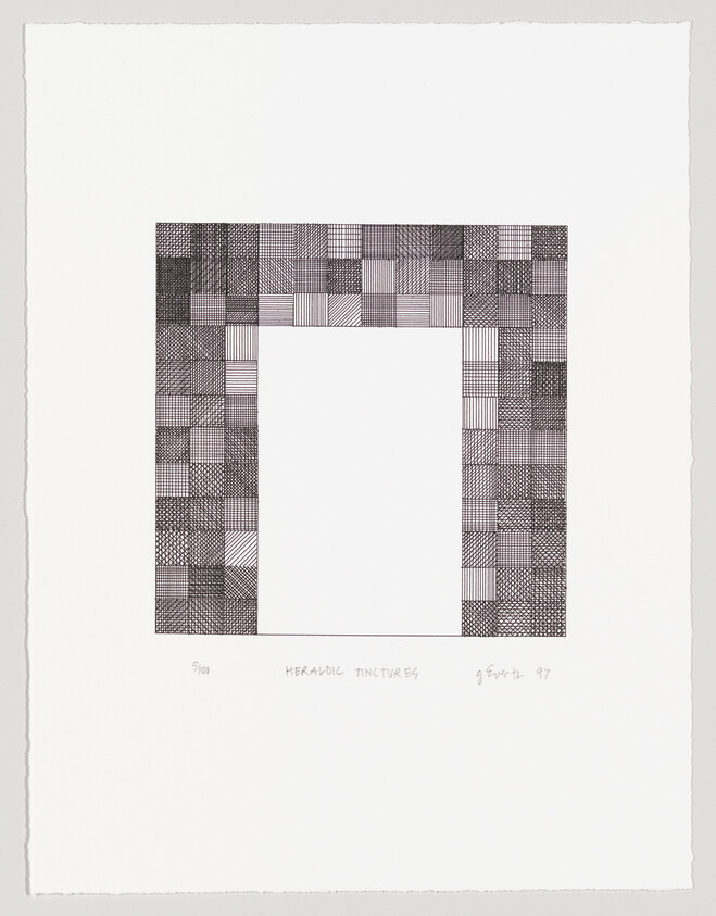 A black and white abstract print featuring a square border with intricate patterns resembling a patchwork or textile design. The center of the image is a blank white square. Below the square, there is handwritten text that reads "5/100 HERALDIC TINCTURES" and a signature with the date '97. The paper has rough edges, indicating it may be a fine art print.
