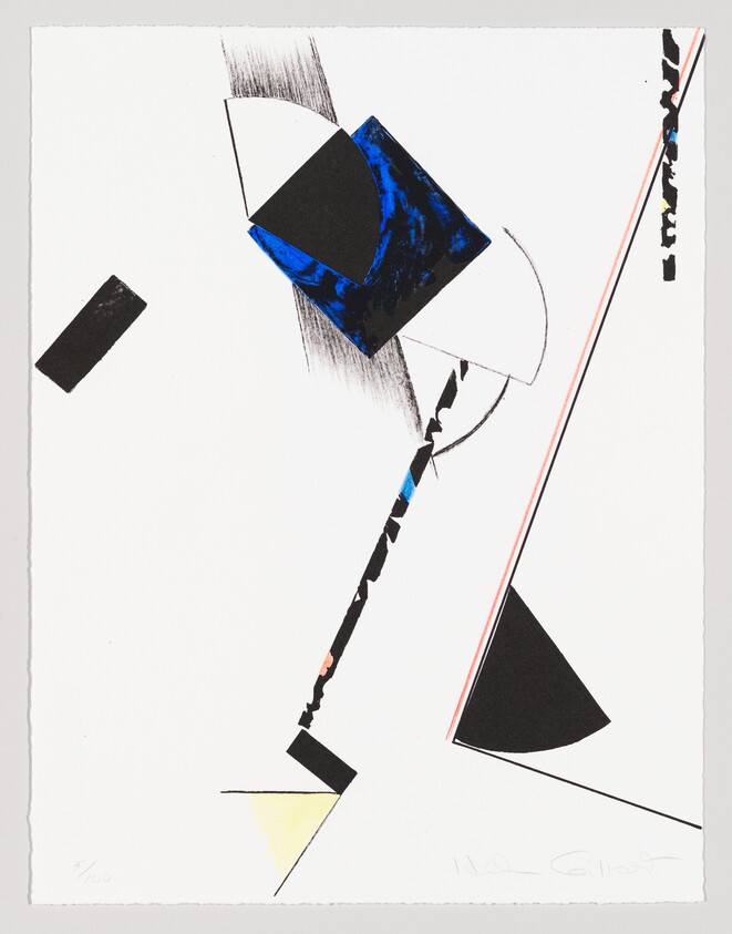 Abstract composition of geometric shapes with a blue textured square and diagonal black lines.